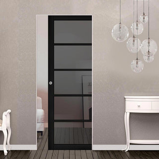 Image: Shoreditch Black Single Absolute Evokit Pocket Door - Prefinished - Tinted Glass - Urban Collection