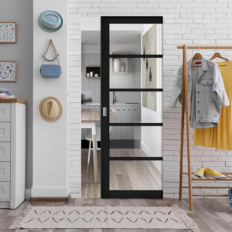 Shoreditch Black Single Absolute Evokit Pocket Door - Prefinished - Clear Glass - Urban Collection