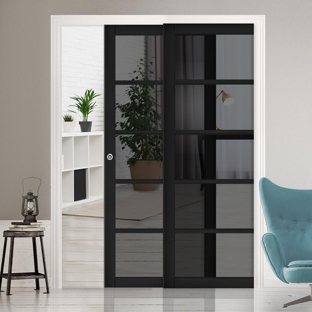 Shoreditch Black Staffetta Twin Telescopic Pocket Door - Prefinished - Tinted Glass - Urban Collection