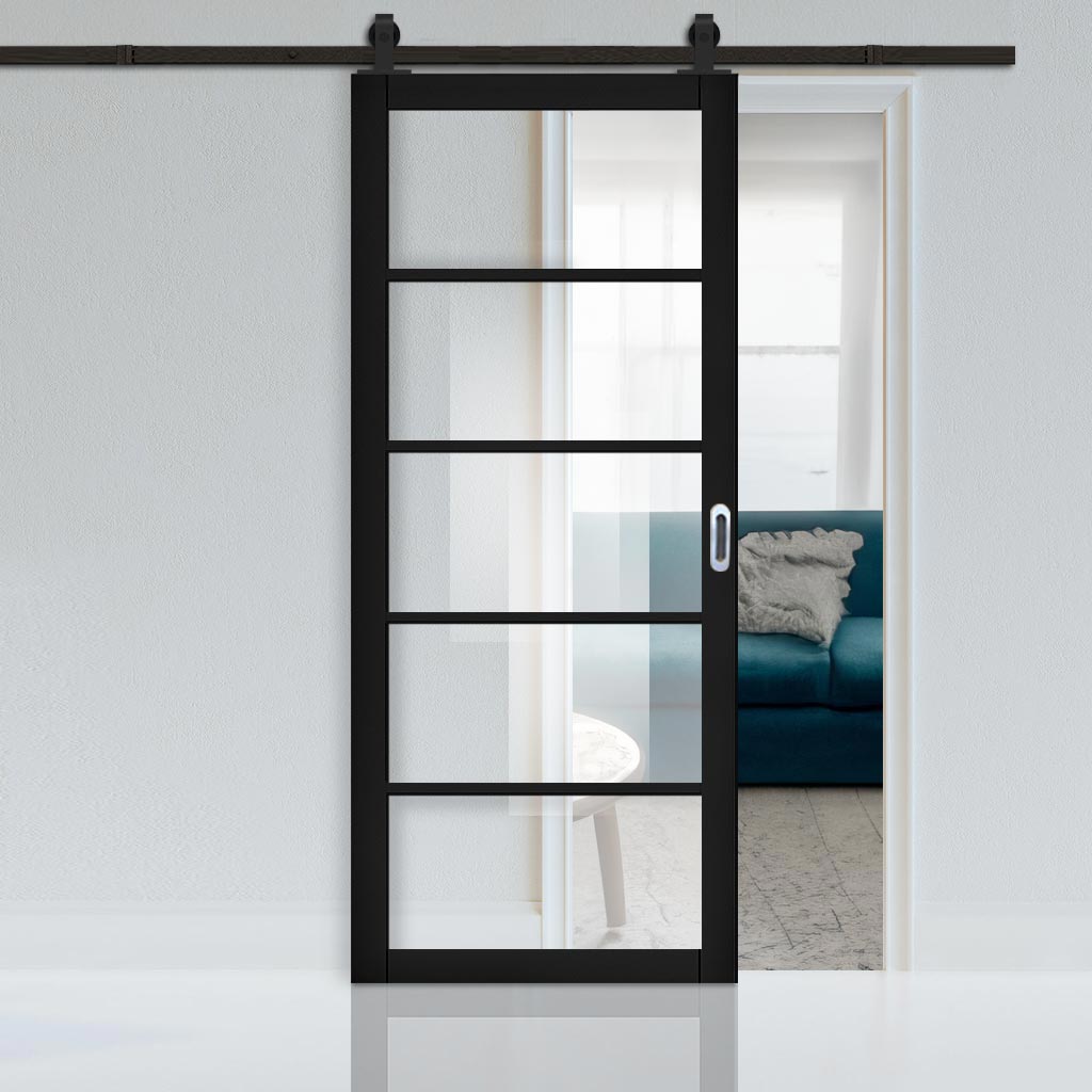 Top Mounted Sliding Track & Door - Shoreditch Black Door - Prefinished - Clear Glass - Urban Collection