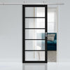 Top Mounted Stainless Steel Sliding Track & Shoreditch Black Door - Prefinished - Clear Glass - Urban Collection
