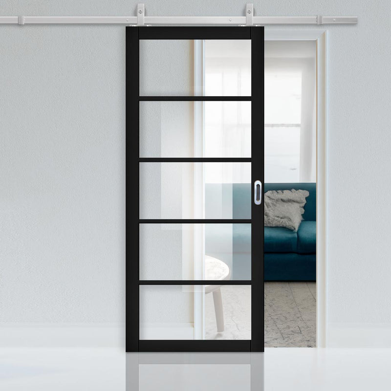 Top Mounted Stainless Steel Sliding Track & Shoreditch Black Door - Prefinished - Clear Glass - Urban Collection