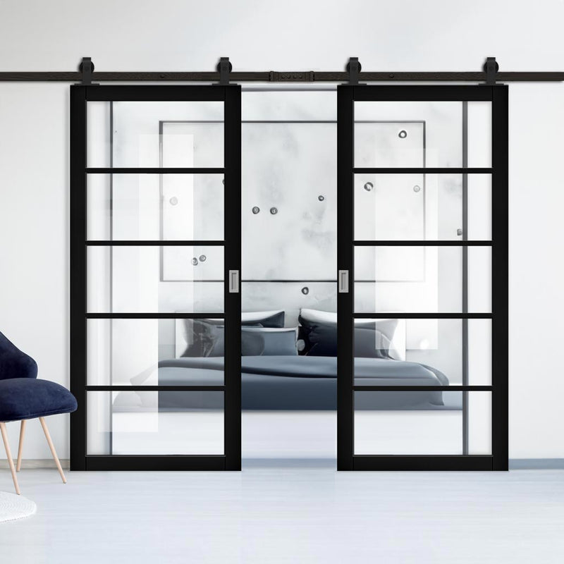 Top Mounted Sliding Track & Shoreditch Black Double Door - Prefinished - Clear Glass - Urban Collection
