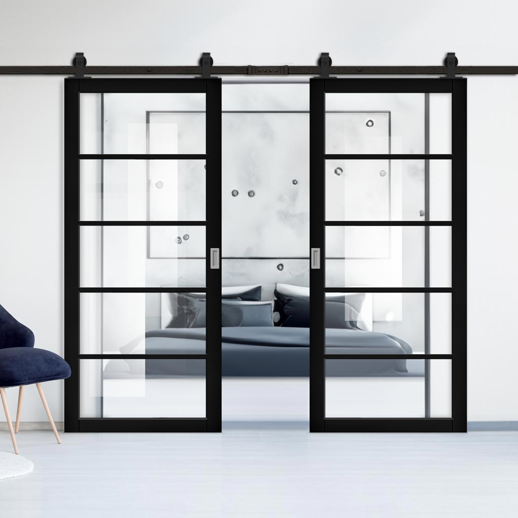 Top Mounted Sliding Track & Shoreditch Black Double Door - Prefinished - Clear Glass - Urban Collection