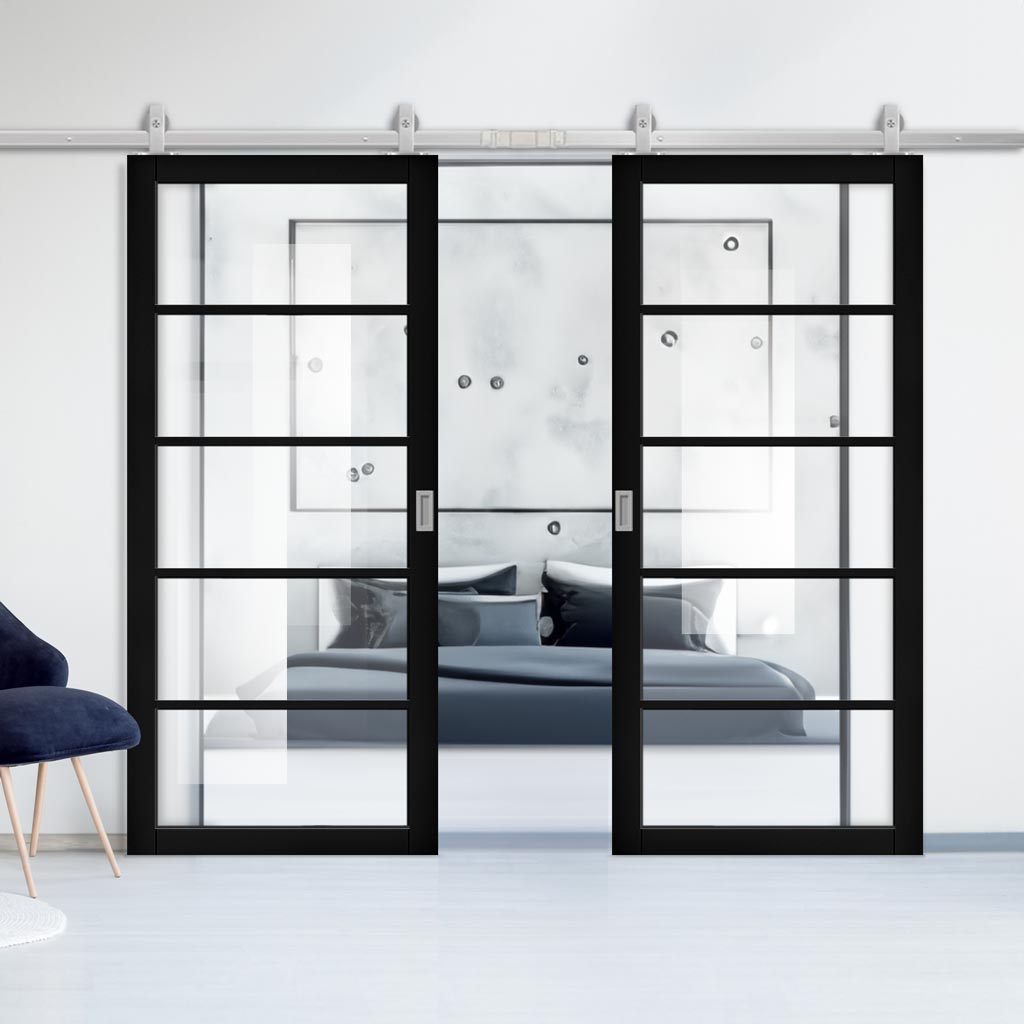 Top Mounted Stainless Steel Sliding Track & Shoreditch Black Double Door - Prefinished - Clear Glass - Urban Collection