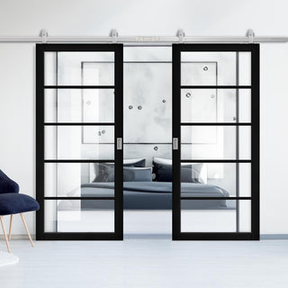 Image: Top Mounted Stainless Steel Sliding Track & Shoreditch Black Double Door - Prefinished - Clear Glass - Urban Collection