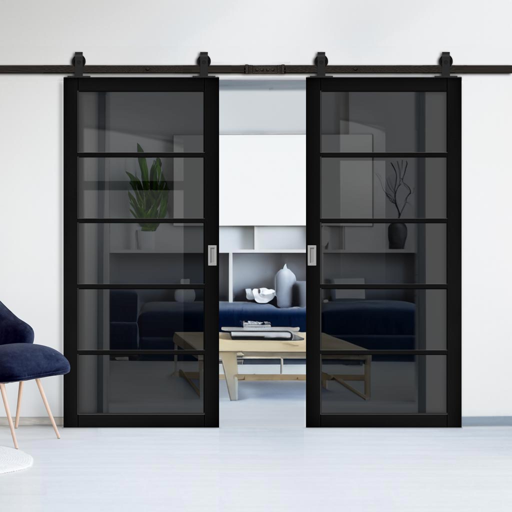 Top Mounted Sliding Track & Shoreditch Black Double Door - Prefinished - Tinted Glass - Urban Collection