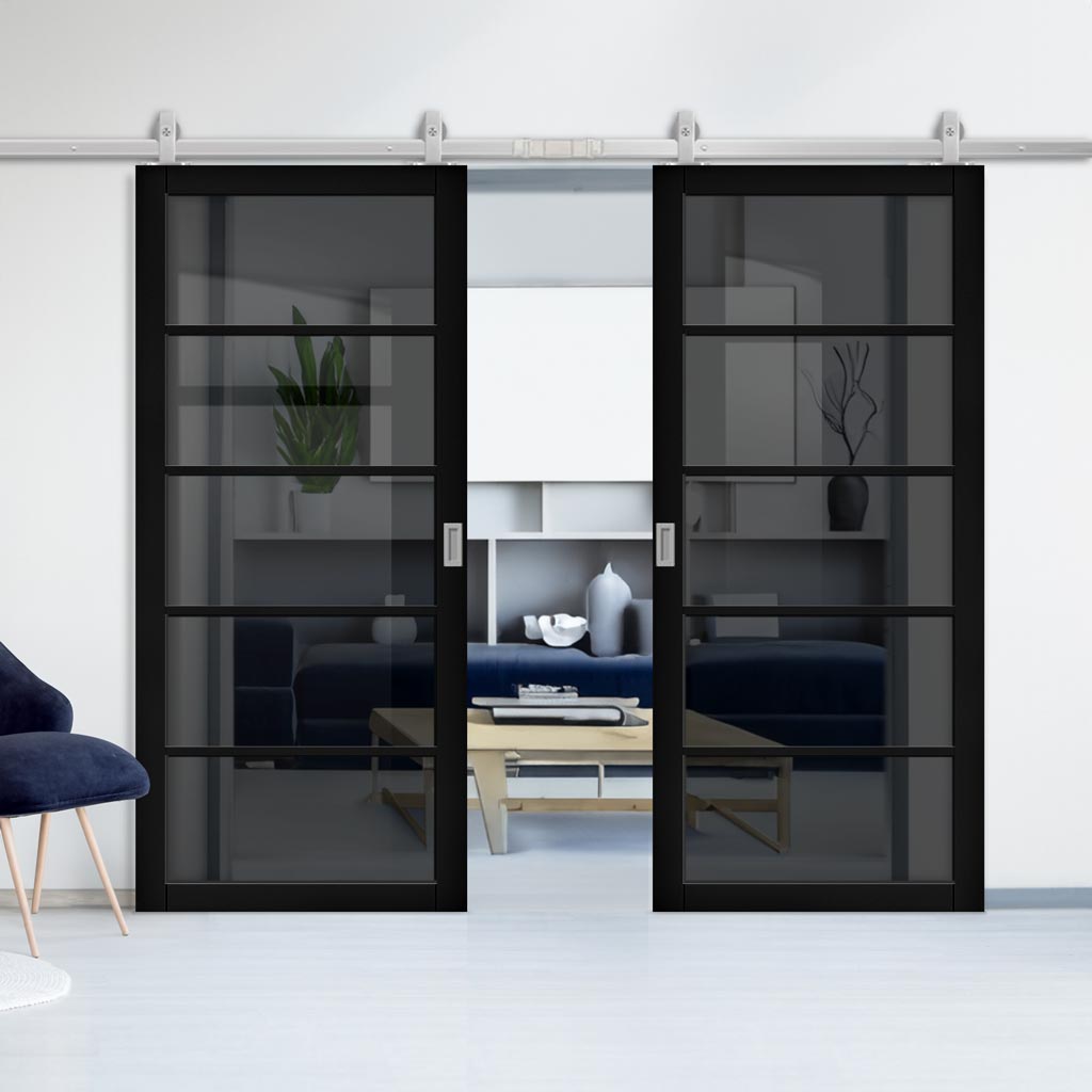 Top Mounted Stainless Steel Sliding Track & Shoreditch Black Double Door - Prefinished - Tinted Glass - Urban Collection