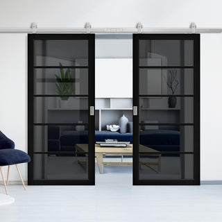 Image: Top Mounted Stainless Steel Sliding Track & Shoreditch Black Double Door - Prefinished - Tinted Glass - Urban Collection