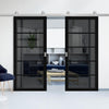 Top Mounted Stainless Steel Sliding Track & Shoreditch Black Double Door - Prefinished - Tinted Glass - Urban Collection