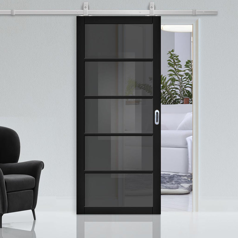 Top Mounted Stainless Steel Sliding Track & Shoreditch Black Door - Prefinished - Tinted Glass - Urban Collection