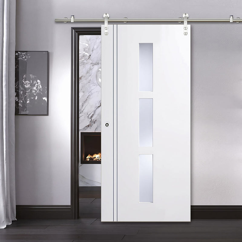Saturn Tubular Stainless Steel Sliding Track & Sierra Blanco Door - Frosted Glass - White Painted