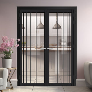 Image: Simona Solid Wood Internal Door Pair UK Made DD0105C Clear Glass - Shadow Black Premium Primed - Urban Lite® Bespoke Sizes