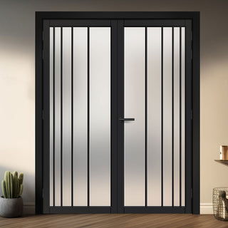 Image: Simona Solid Wood Internal Door Pair UK Made DD0105F Frosted Glass - Shadow Black Premium Primed - Urban Lite® Bespoke Sizes
