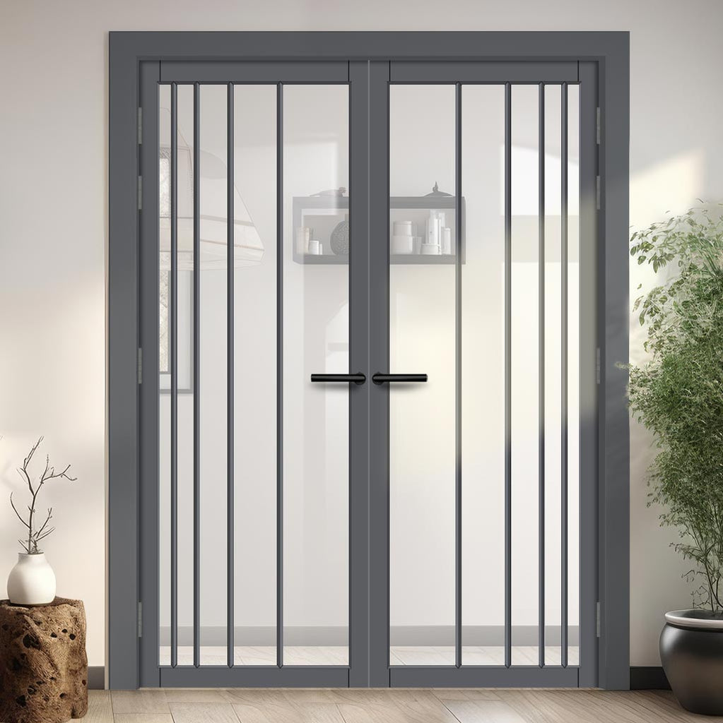 Simona Solid Wood Internal Door Pair UK Made DD0105C Clear Glass - Stormy Grey Premium Primed - Urban Lite® Bespoke Sizes