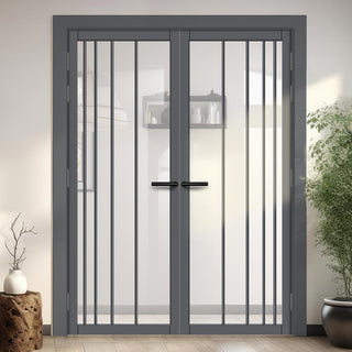 Image: Simona Solid Wood Internal Door Pair UK Made DD0105C Clear Glass - Stormy Grey Premium Primed - Urban Lite® Bespoke Sizes
