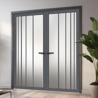 Image: Simona Solid Wood Internal Door Pair UK Made DD0105F Frosted Glass - Stormy Grey Premium Primed - Urban Lite® Bespoke Sizes