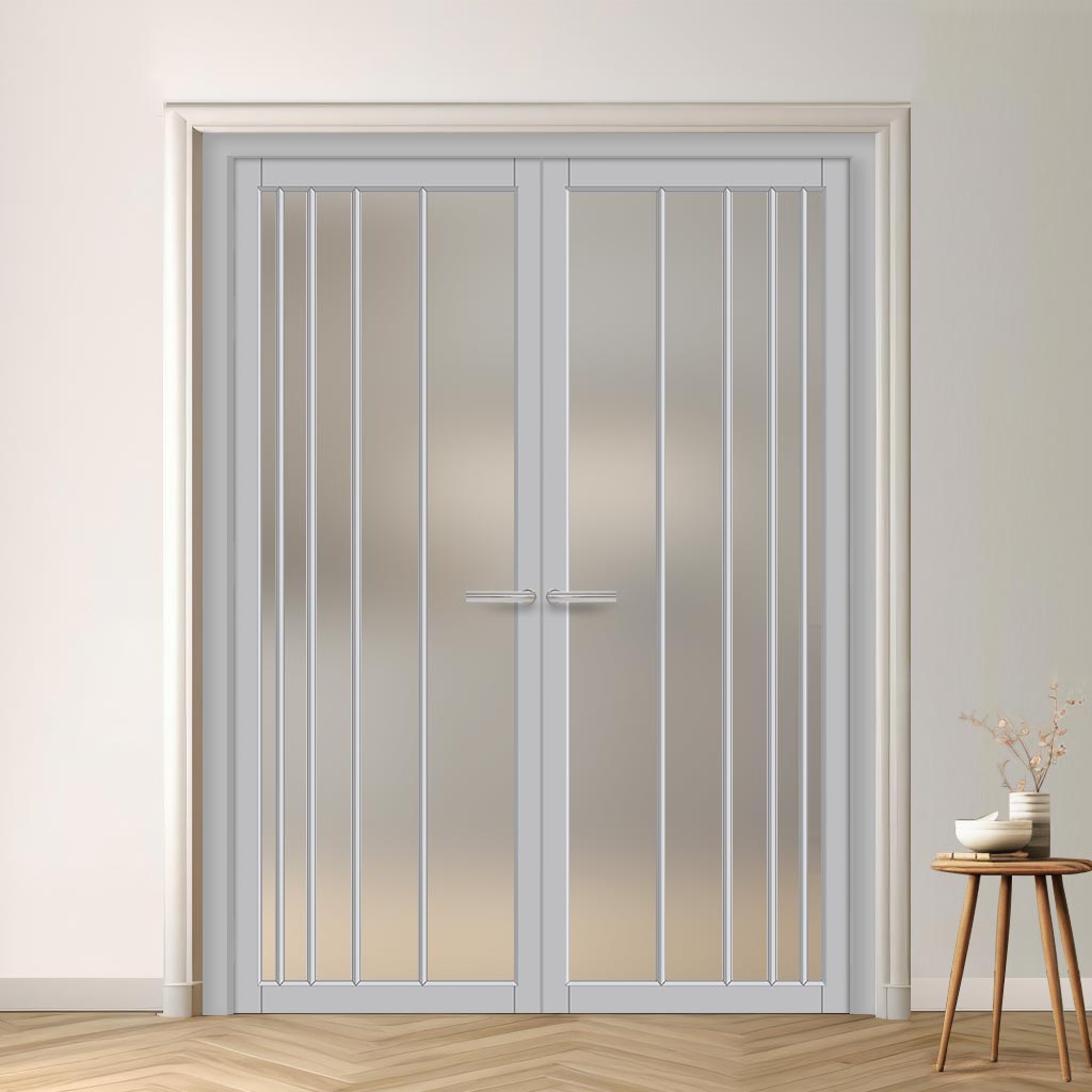 Simona Solid Wood Internal Door Pair UK Made DD0105F Frosted Glass - Mist Grey Premium Primed - Urban Lite® Bespoke Sizes