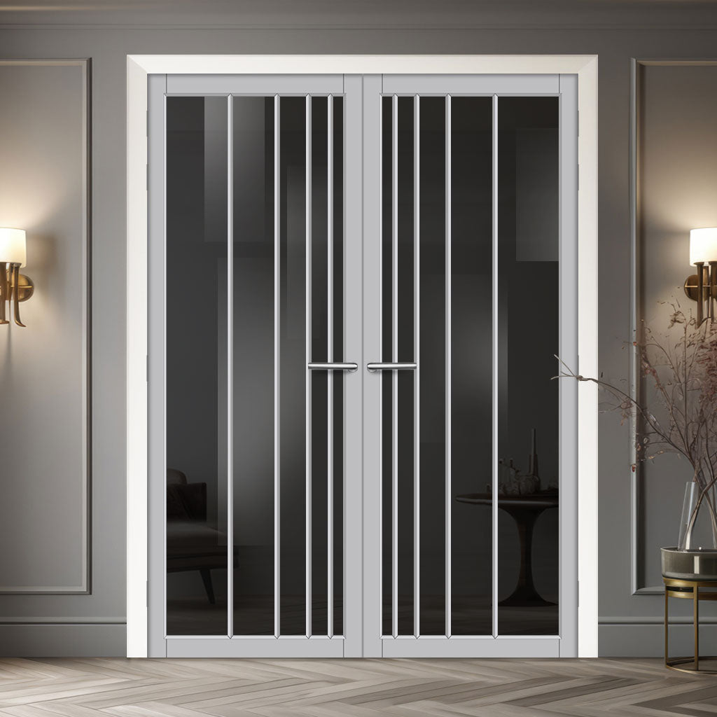 Simona Solid Wood Internal Door Pair UK Made DD0105T Tinted Glass - Mist Grey Premium Primed - Urban Lite® Bespoke Sizes