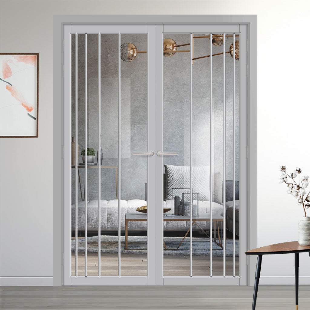 Simona Solid Wood Internal Door Pair UK Made DD0105C Clear Glass - Mist Grey Premium Primed - Urban Lite® Bespoke Sizes