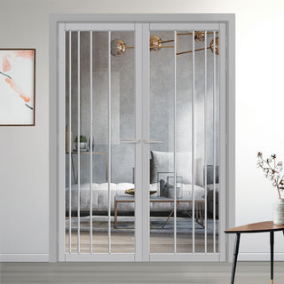 Image: Simona Solid Wood Internal Door Pair UK Made DD0105C Clear Glass - Mist Grey Premium Primed - Urban Lite® Bespoke Sizes
