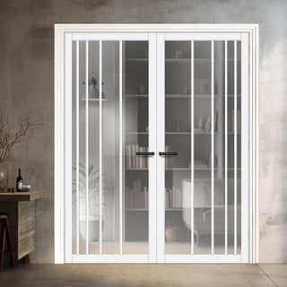 Image: Simona Solid Wood Internal Door Pair UK Made DD0105C Clear Glass - Cloud White Premium Primed - Urban Lite® Bespoke Sizes