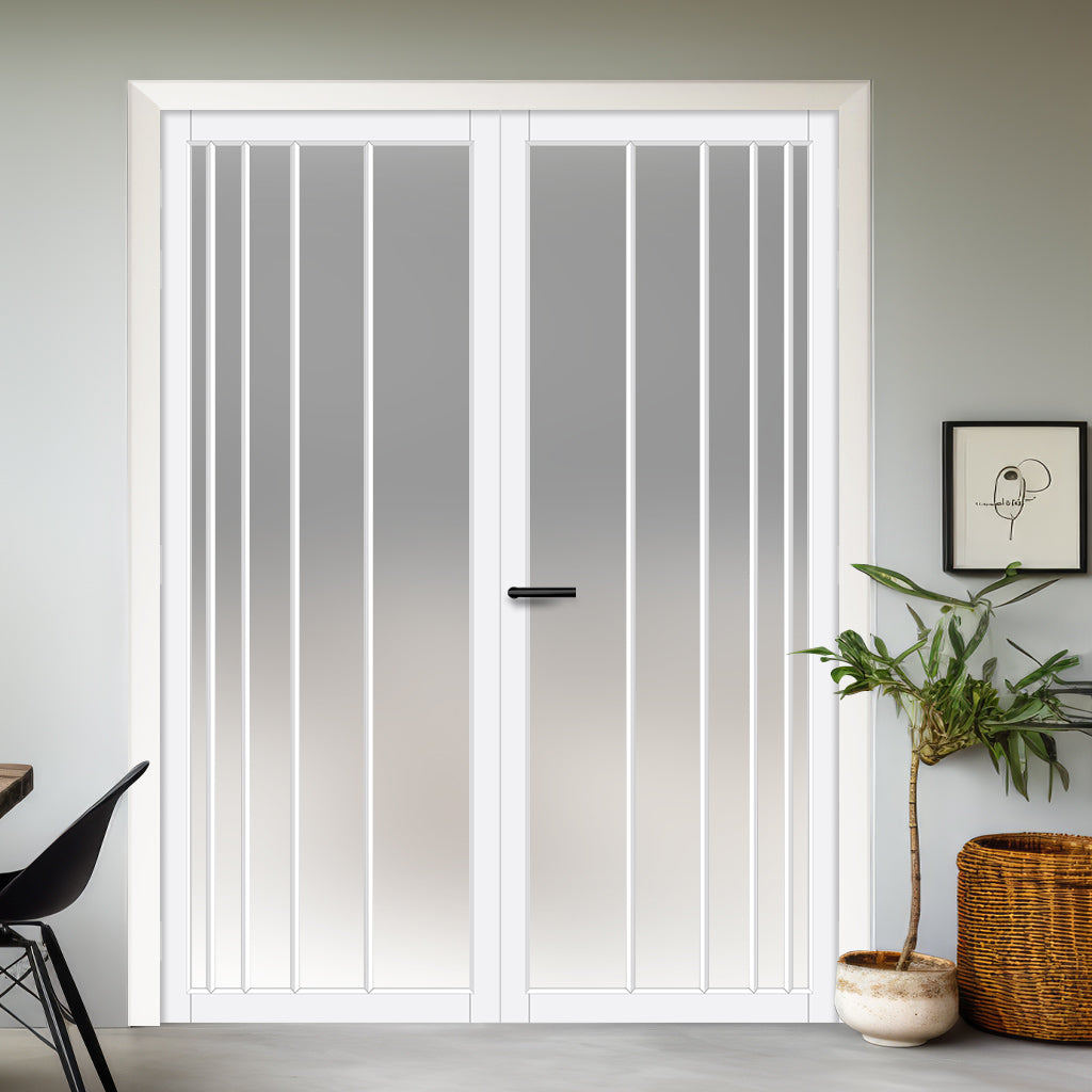 Simona Solid Wood Internal Door Pair UK Made DD0105F Frosted Glass - Cloud White Premium Primed - Urban Lite® Bespoke Sizes