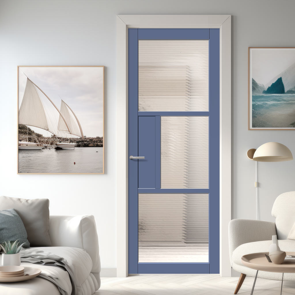 Breda 3 Pane 1 Panel Solid Wood Internal Door UK Made DD6439 - Clear Reeded Glass - Eco-Urban® Heather Blue Premium Primed