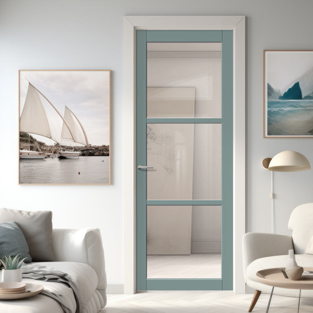 Manchester 3 Pane Solid Wood Internal Door UK Made DD6306G - Clear Glass - Eco-Urban® Sage Sky Premium Primed