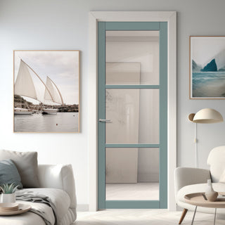 Image: Manchester 3 Pane Solid Wood Internal Door UK Made DD6306G - Clear Glass - Eco-Urban® Sage Sky Premium Primed
