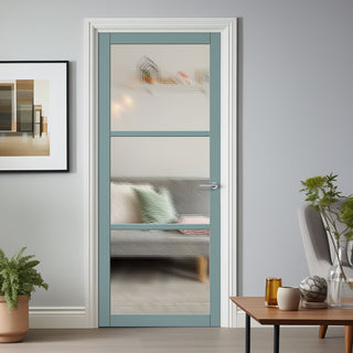 Image: Manchester 3 Pane Solid Wood Internal Door UK Made DD6306 - Clear Reeded Glass - Eco-Urban® Sage Sky Premium Primed