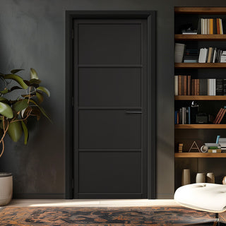 Image: EasiKit Internal Door and Frame Kit - Soho 4 Panel Black Primed Internal Door - Unfinished