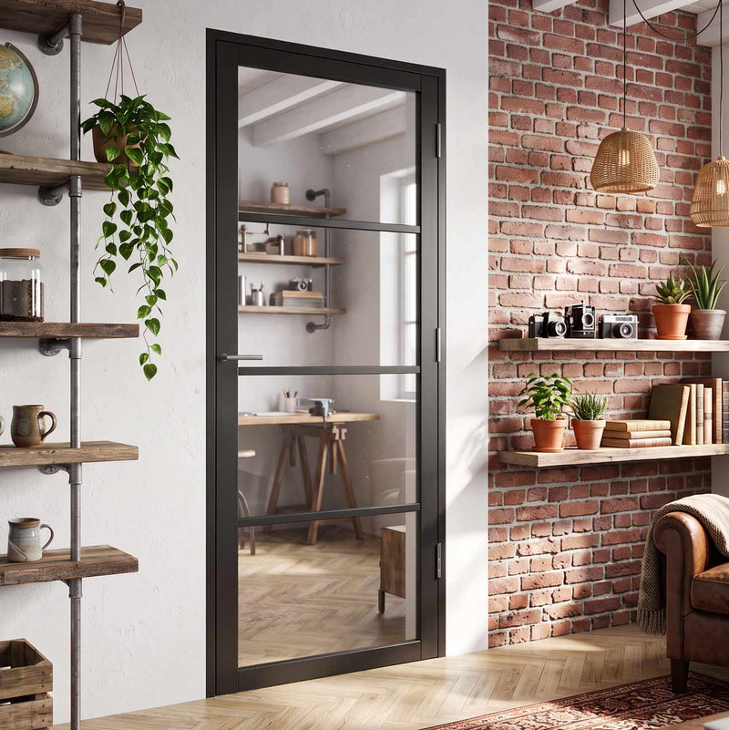 Soho 4 Pane Black Painted Internal Door - Clear Glass - Prefinished