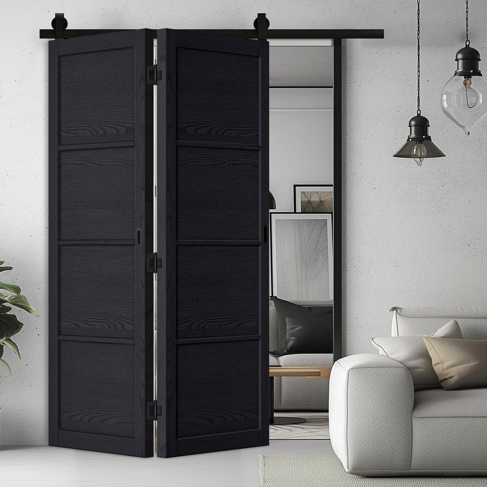 Sliding Top Mounted Black Folding Track & Double Door - Soho 4 Panel Charcoal Door - Prefinished