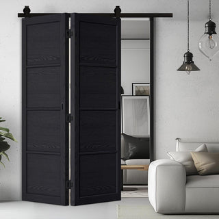 Image: SpaceEasi Top Mounted Black Folding Track & Double Door  - Soho 4 Panel Charcoal Door - Prefinished