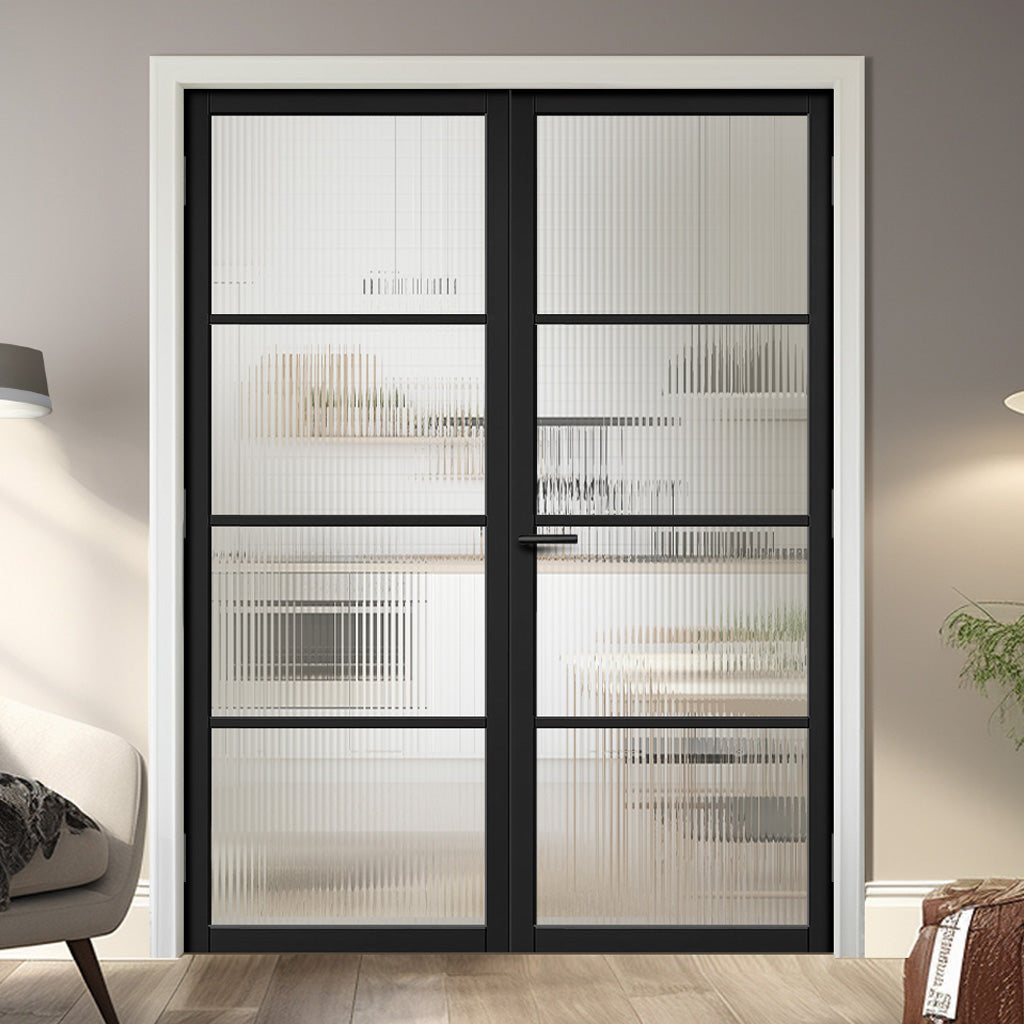 Privacy Ribbed Glass Soho Black Internal Door Pair - Clear Reeded Glass - Prefinished
