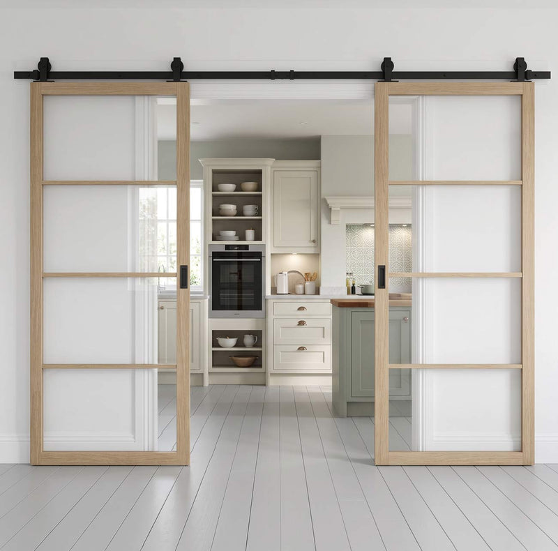 Top Mounted Black Sliding Track & Double Door - Soho Blonde Oak Internal Door - Clear Glass - Prefinished