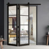 Sliding Top Mounted Black Folding Track & Double Door - Soho 4 Pane Black Primed Door - Clear Glass