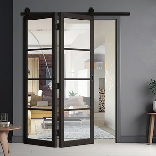 Image: SpaceEasi Top Mounted Black Folding Track & Double Door  - Soho 4 Pane Black Primed Door - Clear Glass