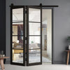 SpaceEasi Top Mounted Black Folding Track & Double Door  - Soho 4 Pane Black Primed Door - Clear Glass