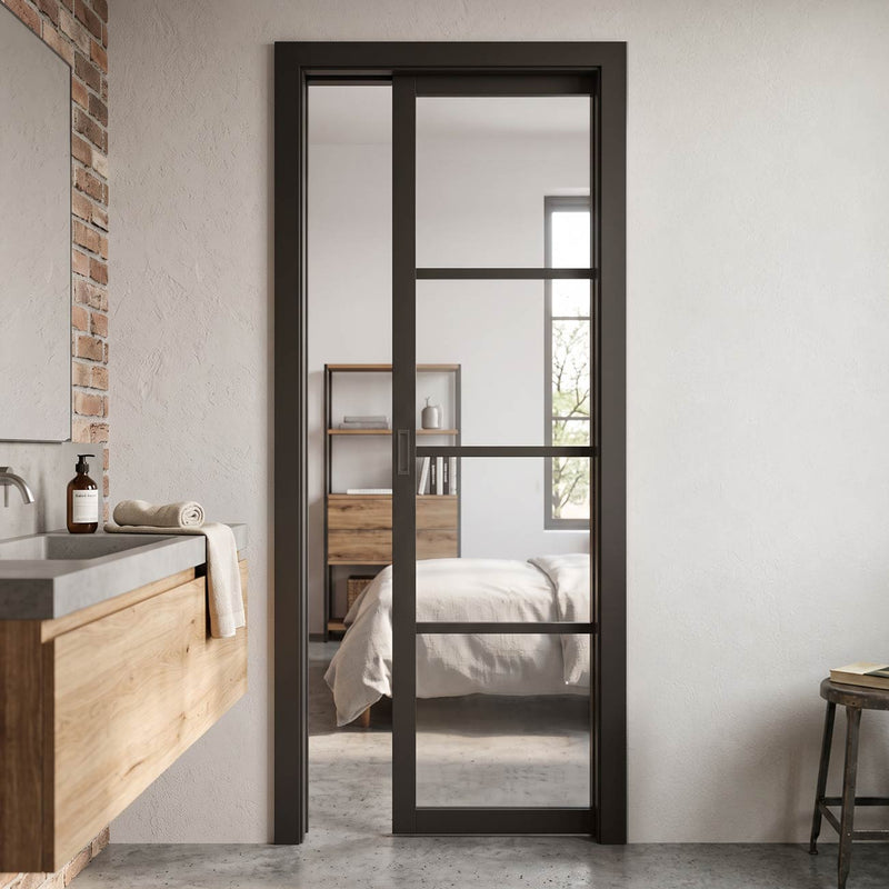 Value Single Evokit Pocket Door - Industrial Glazed - Black Primed