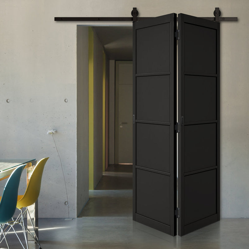 Sliding Top Mounted Black Folding Track & Double Door - Soho 4 Panel Black Painted Door - Prefinished