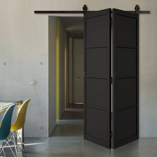 Image: SpaceEasi Top Mounted Black Folding Track & Double Door  - Soho 4 Panel Black Painted Door - Prefinished