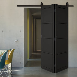 Image: SpaceEasi Top Mounted Black Folding Track & Double Door  - Soho 4 Panel Black Primed Door