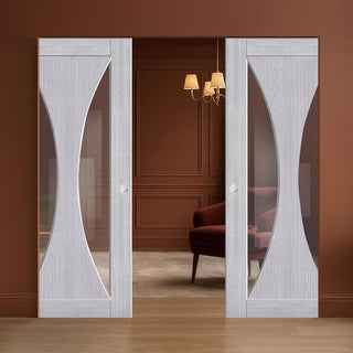 Image: Sorrento Double Absolute Evokit Pocket Door - Light Grey Ash - Prefinished - Clear Glass