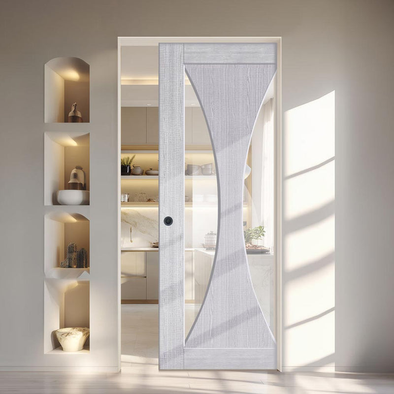 Sorrento Single Absolute Evokit Pocket Door - Light Grey Ash - Prefinished - Clear Glass
