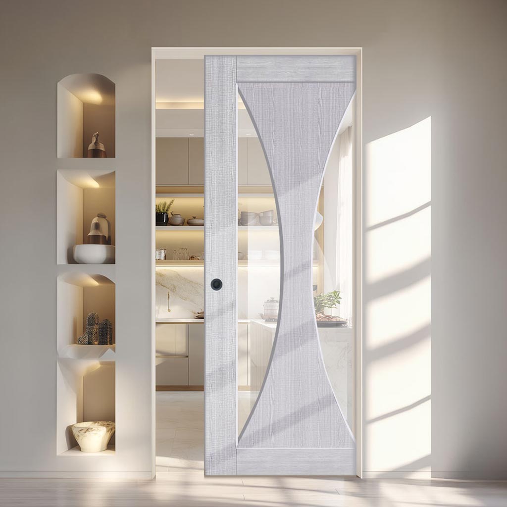 Sorrento Single Absolute Evokit Pocket Door - Light Grey Ash - Prefinished - Clear Glass