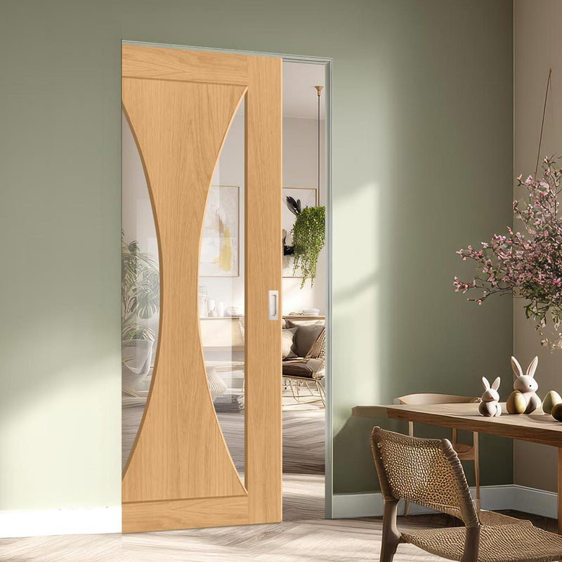 Sorrento Oak Single Absolute Evokit Pocket Door - Prefinished - Clear Glass