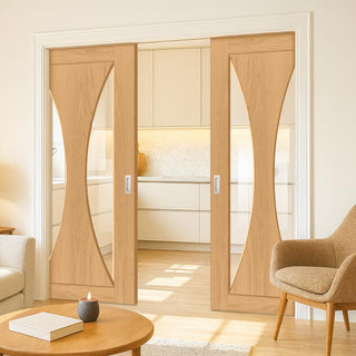 Image: Sorrento Oak Double Evokit Pocket Doors - Prefinished - Clear Glass