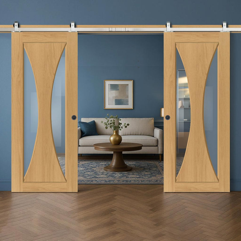 Top Mounted Stainless Steel Sliding Track & Sorrento Prefinished Oak Double Door - Clear Glass
